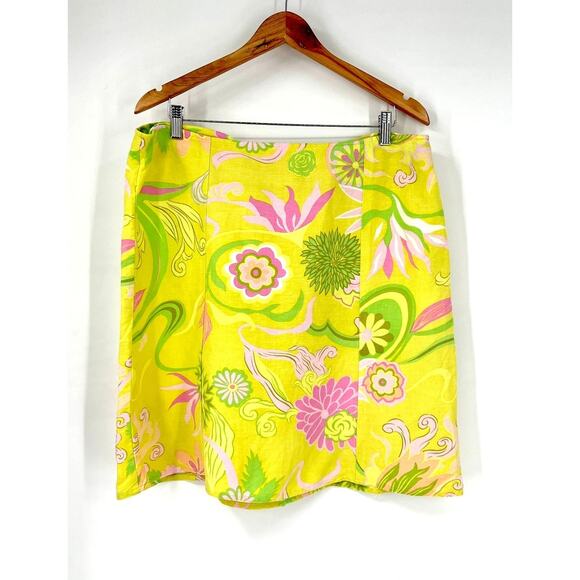 Vintage 90s Linen Blend Retro Floral Psychedelic Skirt Yellow Size 14 - Picture 8 of 8